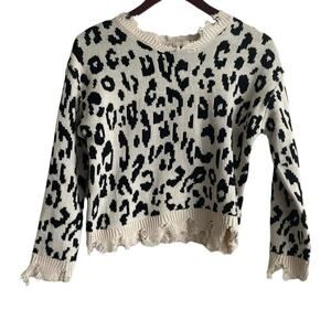 Belle du Jour Girls Sweater L Cream Black Cheetah Print Crew Distressed Pullover